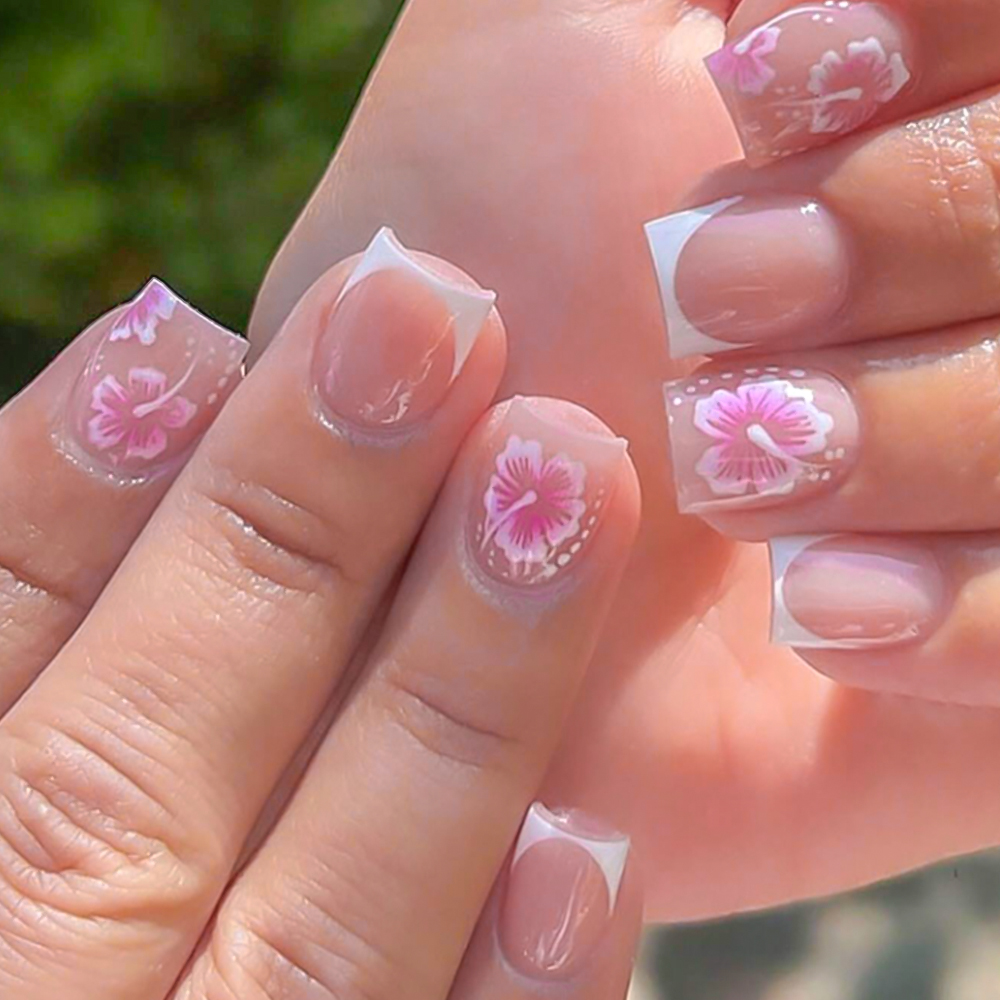 24Pcs French Flower False Nail - Pressed Flower Art ulasan dan harga