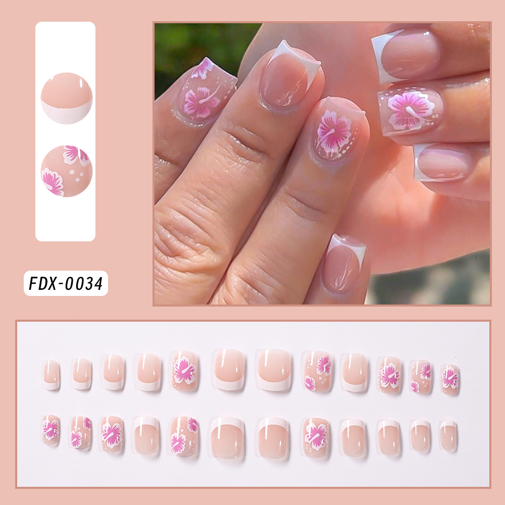24Pcs French Flower False Nail - Pressed Flower Art ulasan dan harga